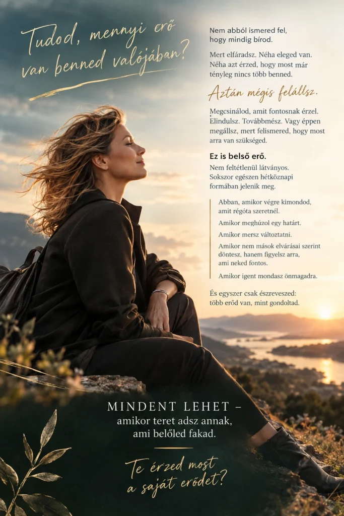 Nem abból ismered fel, hogy mindig bírod.
Mert elfáradsz. Néha eleged van. Néha azt érzed, hogy most már tényleg nincs több benned.
Aztán mégis felállsz.
Megcsinálod, amit fontosnak érzel. Elindulsz. Továbbmész. Vagy éppen megállsz, mert felismered, hogy most arra van szükséged.
Ez is belső erő.
Nem feltétlenül látványos. Sokszor egészen hétköznapi formában jelenik meg.
Abban, amikor végre kimondod, amit régóta szeretnél.
Amikor meghúzol egy határt.
Amikor mersz változtatni.
Amikor nem mások elvárásai szerint döntesz, hanem figyelsz arra, ami neked fontos.
Amikor igent mondasz önmagadra.
És egyszer csak észreveszed: több erőd van, mint gondoltad.
MINDENT LEHET – amikor teret adsz annak, ami belőled fakad.
Te érzed most a saját erődet?